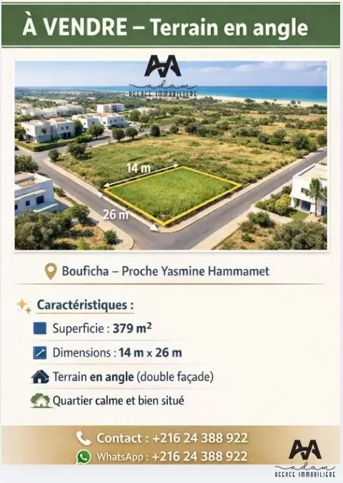 Terrain en angle de 379 m² à Bouficha, proche de Yasmine Hammamet